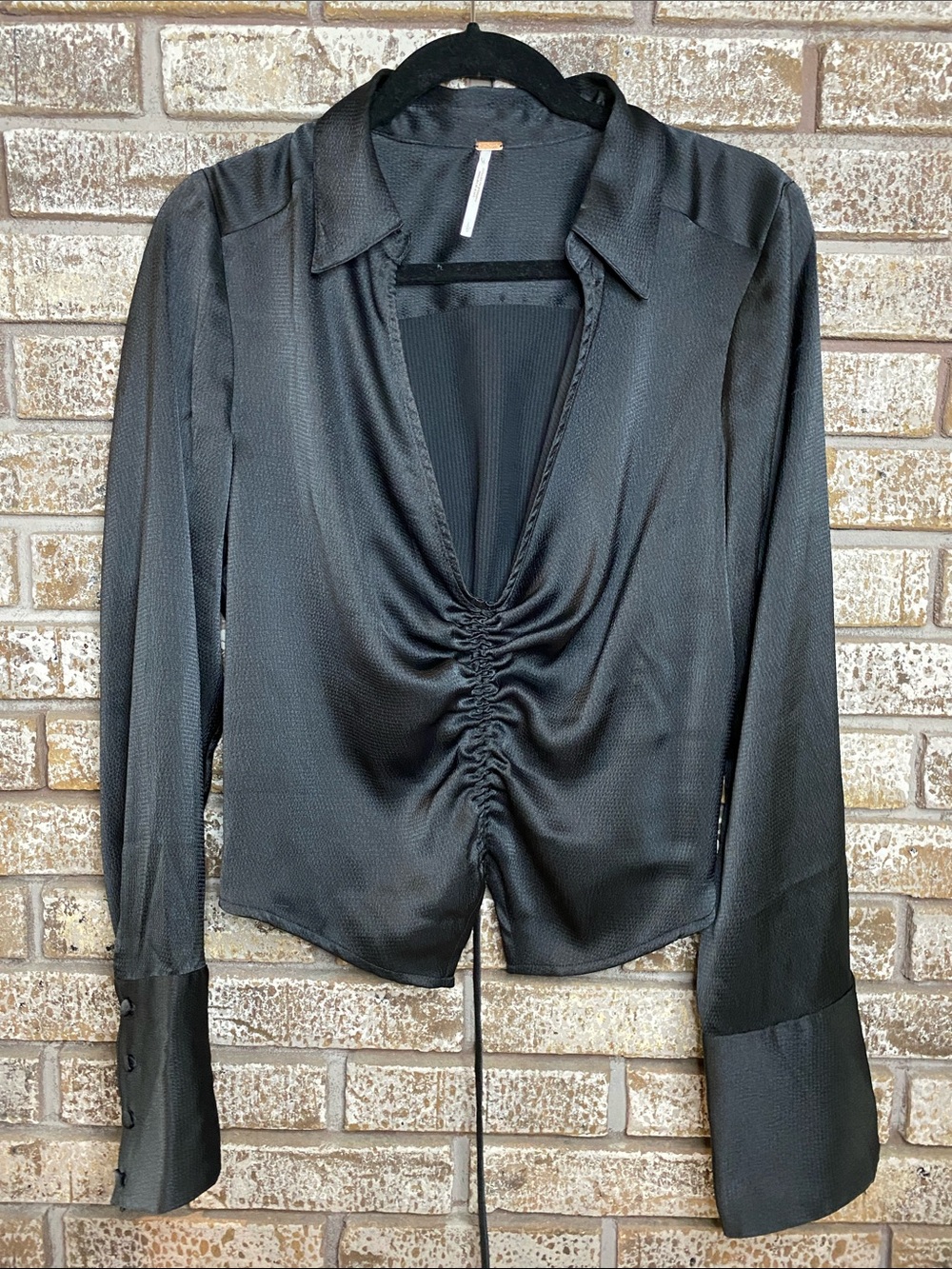 Free People Aurora Black Long-Sleeve Blouse with Rushed Centre.